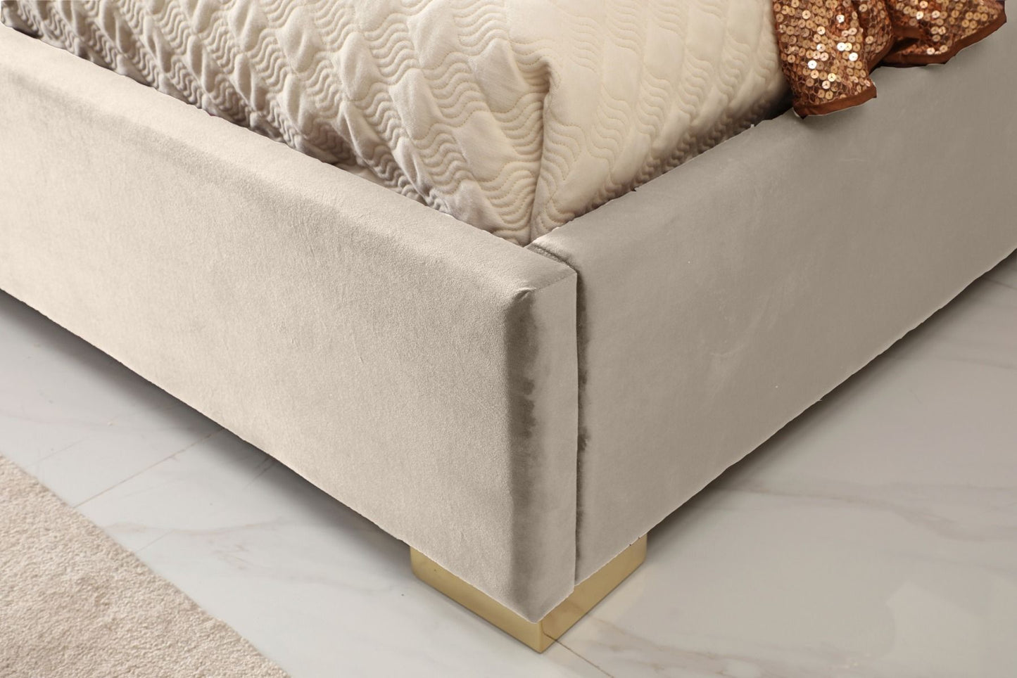 Modern Beige Velvet & Gold Bed E.King Bed Frame 2 nightstand