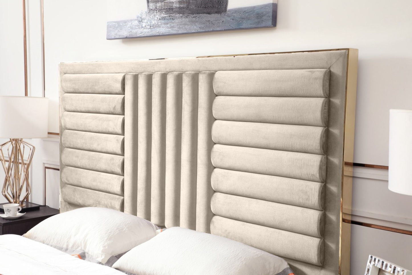 Modern Beige Velvet & Gold Bed E.King Bed Frame 2 nightstand
