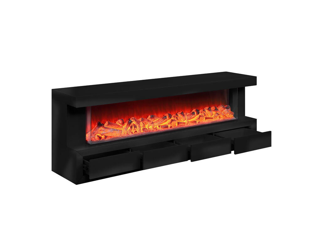 Dorian 71"W Black Finish TV Stand with Fireplace and Speaker