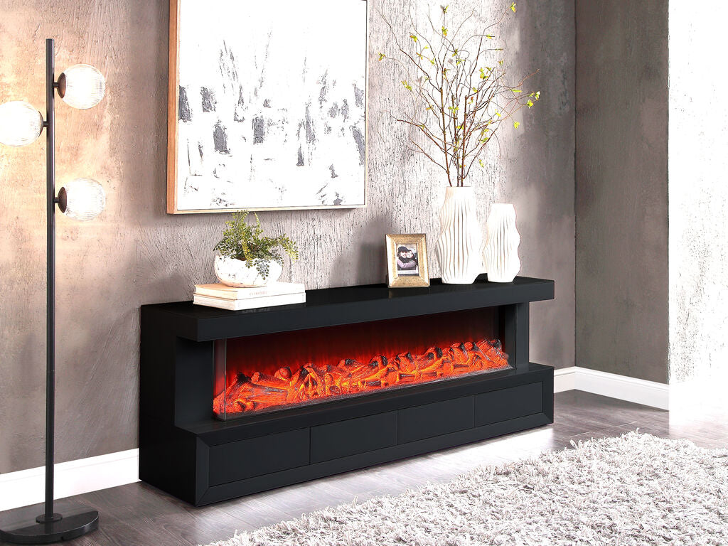 Dorian 71"W Black Finish TV Stand with Fireplace and Speaker